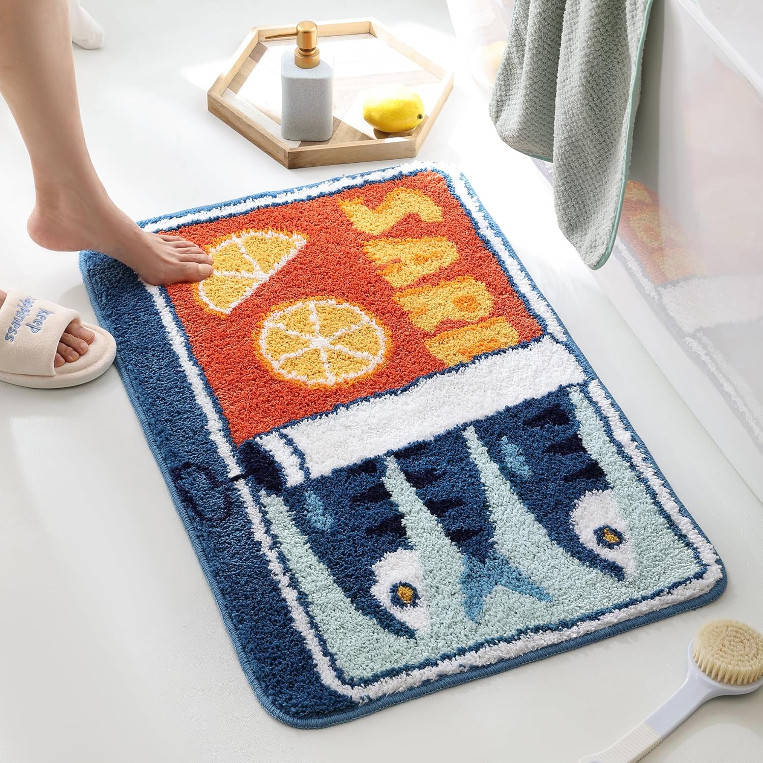 TRUEDAYS Sardine Can Bath Mat, Blue Bathroom Rugs for Bedroom