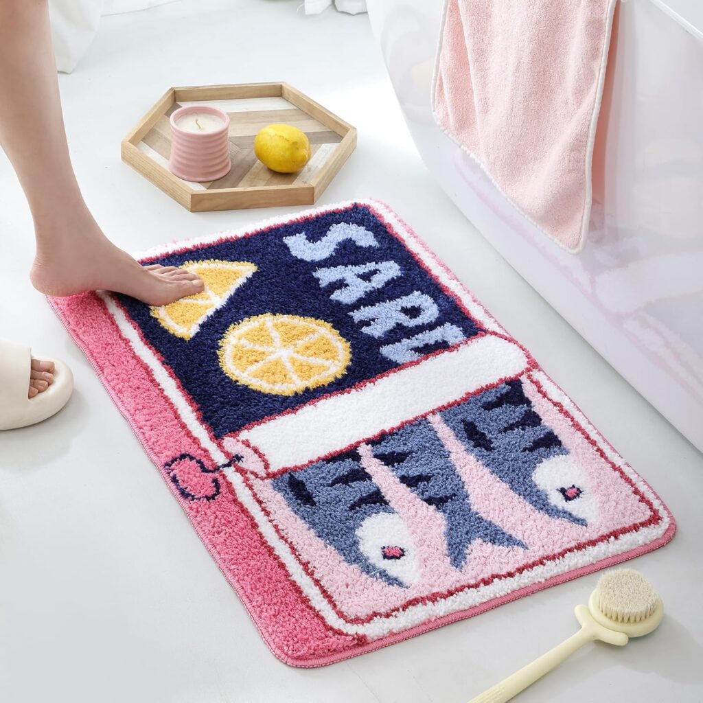 TRUEDAYS Sardine Can Bath Mat, Blue and Pink Bathroom Rugs for Bedroom