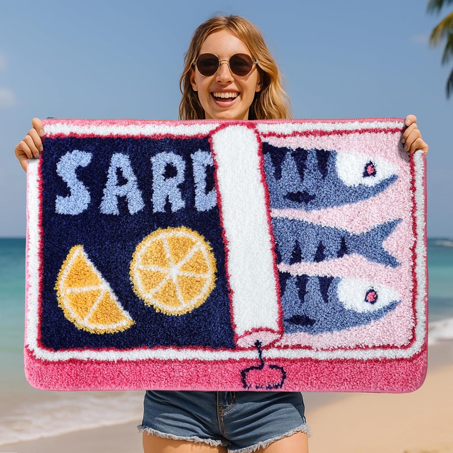 TRUEDAYS Sardine Can Bath Mat, Blue and Pink Bathroom Rugs for Bedroom - Image 5