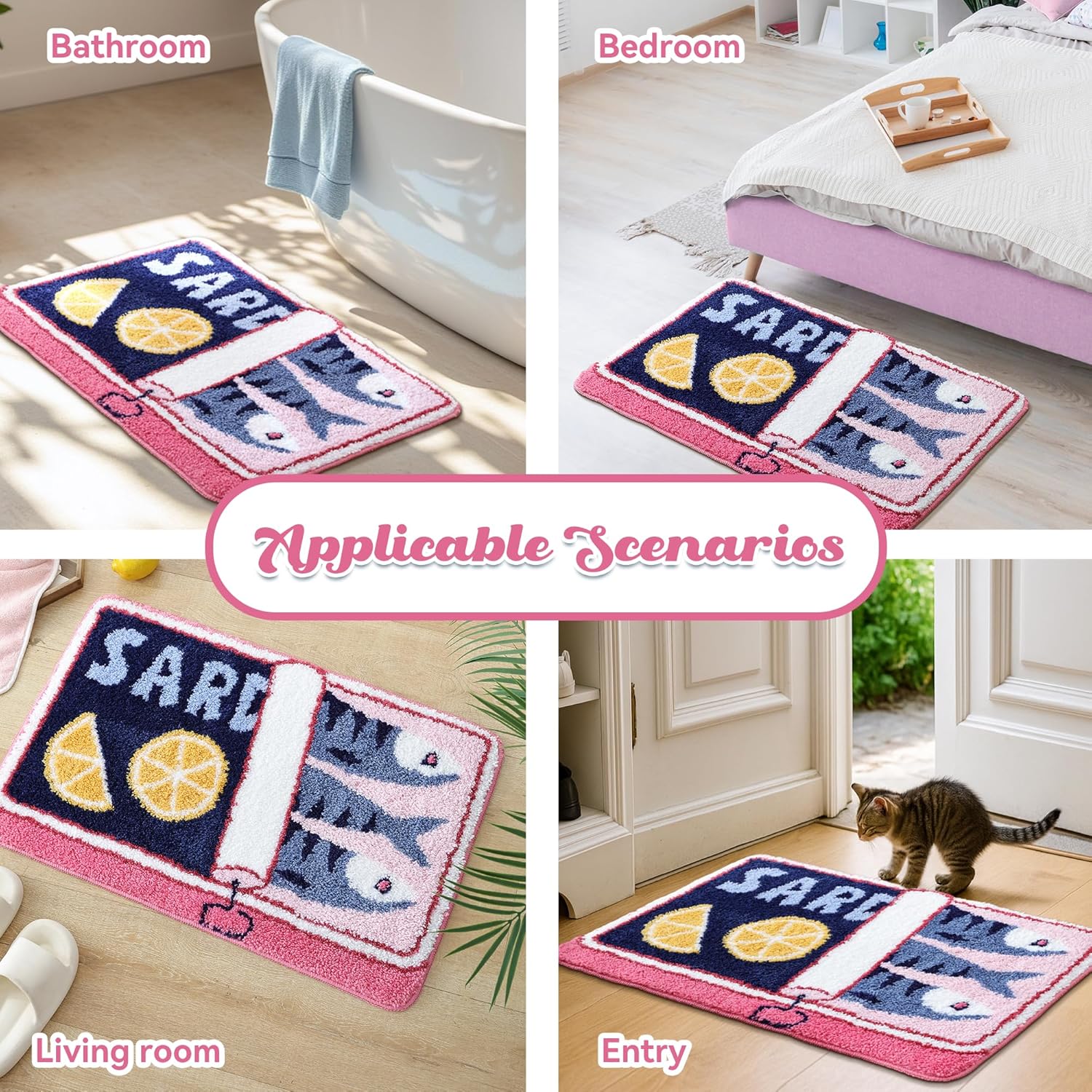 TRUEDAYS Sardine Can Bath Mat, Blue and Pink Bathroom Rugs for Bedroom - Image 7