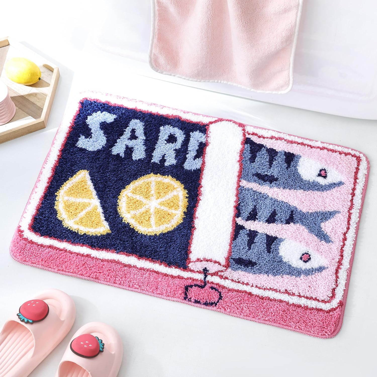TRUEDAYS Sardine Can Bath Mat, Blue and Pink Bathroom Rugs for Bedroom - Image 6